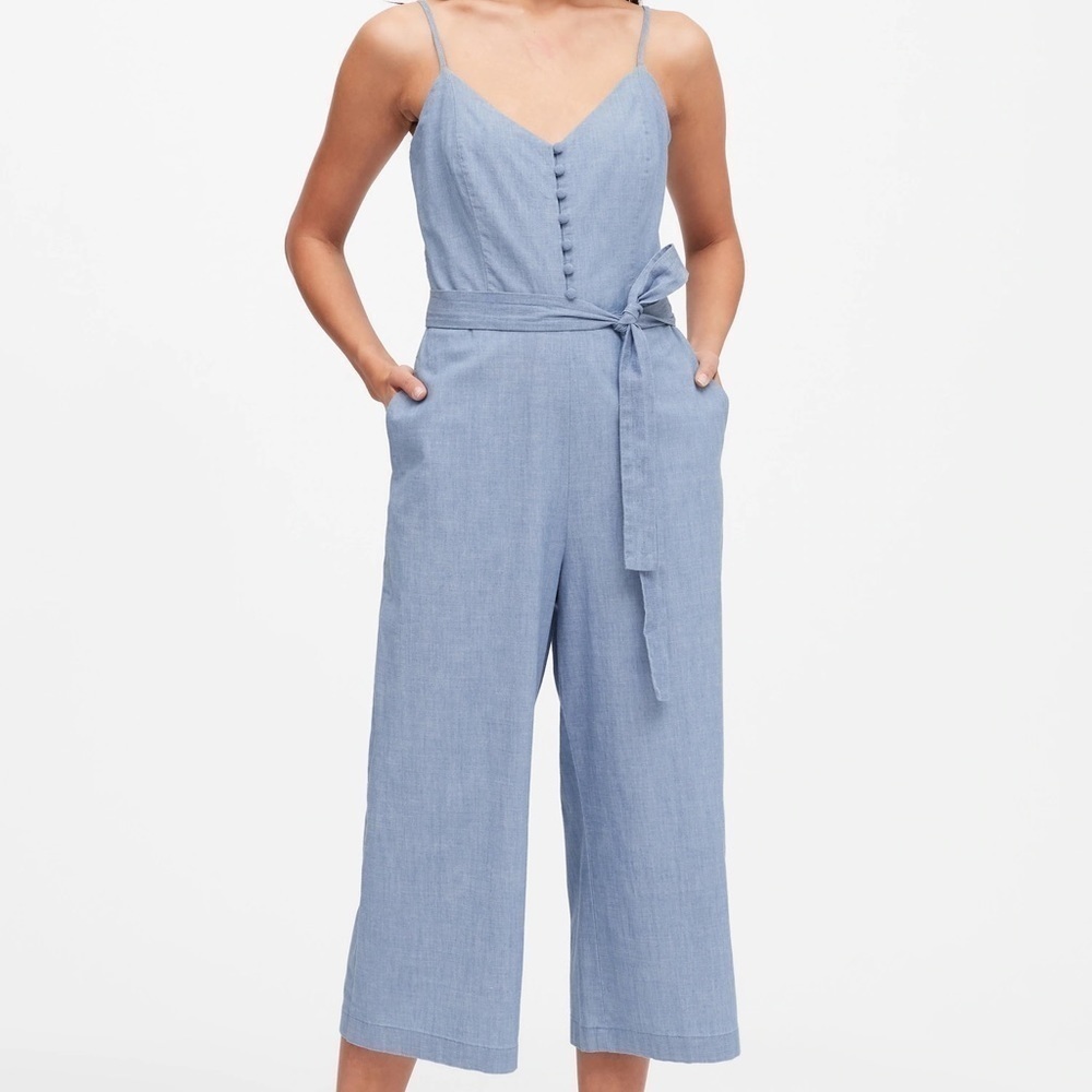 Banana Republic Chambray Blue Wide-Leg Cropped Tie Waist Jumpsuit 2 - Picture 2 of 6